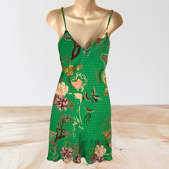 Zara Kelly Green Asian Floral Slip Dress Sz Small Sexy Bird Floral Print Silky - Picture 4 of 6